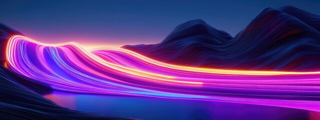 Fototapeta premium Vibrant neon light trails flow across a dark, stylized landscape. The colors are intensely saturated and blend smoothly