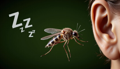 Detailed mosquito buzzing near human ear, summer annoyance