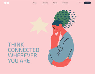 Thinking people, modern flat vector concept illustration- woman standing thoughtfully, looking down, bubble near head Metaphor for reflection, analysis, introspection, contemplation, deep thought