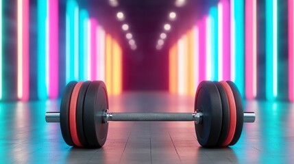 Black Dumbbell with Red Accents in Neon Pink, Blue, and Orange Lit Gym