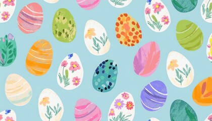 whimsical floral easter egg illustration pattern on pastel blue background for spring web design, greeting cards, branding, and textile projects

