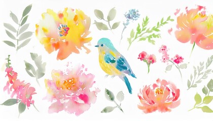 Obraz premium watercolor floral bird illustration for web design, print media, or branding with pastel flowers, leaves, and a colorful songbird on white background
