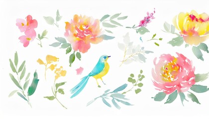 Obraz premium watercolor floral bird illustration for web design, print media, or branding with pastel flowers, leaves, and a colorful songbird on white background