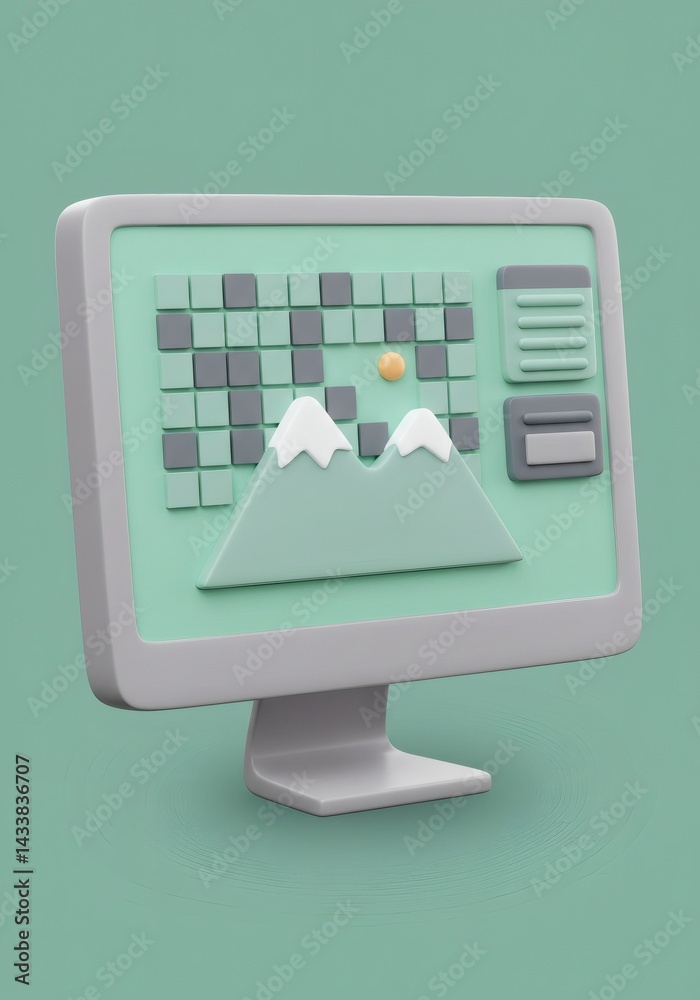 Poster minimalist computer displaying abstract mountain landscape in pixelated style