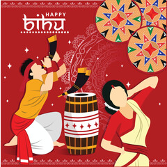 Bihu festival, a major cultural event of Assam, India. It shows a man playing the pepa (buffalo horn pipe), a woman dancing in traditional Assamese attire, a dhol (drum), and colorful Assamese jaapis 