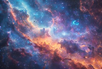 Naklejka premium a vibrant and swirling cosmic nebula showcases brilliant hues of blue, orange, and purple amidst a dense field of distant stars.