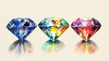 Fototapeta premium Watercolor Painting of Three Sparkling Gemstones