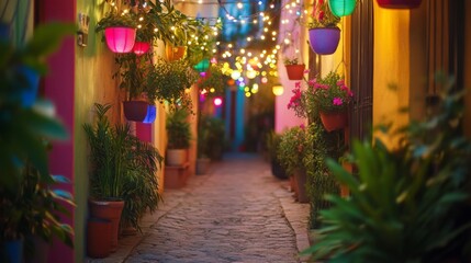 Fototapeta premium Colorful Alleyway at Night with Hanging Lanterns