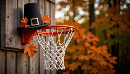 Basketball hoop adorned with pilgrim's hat and autumn leaves, Thanksgiving