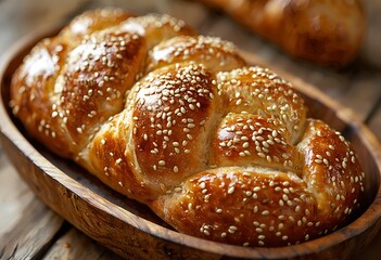 a golden brown braided challah bread covered in sesame seeds sits in a wooden bowl on a rustic wooden surface.