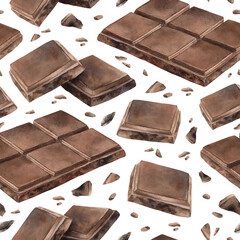 Milk or bitter dark chocolate bars, slices and small pieces. Watercolor seamless pattern on white background, suitable for cafe menu, packaging, branding, culinary blogs and cozy winter designs.