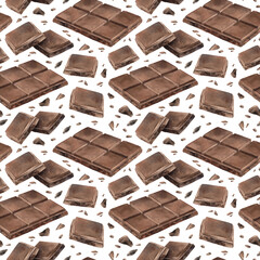 Milk or bitter dark chocolate bars, slices and small pieces. Watercolor seamless pattern on white background, suitable for cafe menu, packaging, branding, culinary blogs and cozy winter designs.