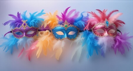 Fototapeta premium Three vibrant feathered masks are displayed against a plain background. Hints of color, and a playful vibe emanate from them. This visual suggests celebration and disguise.