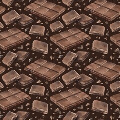 Milk or bitter dark chocolate bars, slices and small pieces. Watercolor seamless pattern on brown background, suitable for cafe menu, packaging, branding, culinary blogs and cozy winter designs.