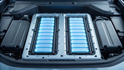 Obraz premium Electric vehicle battery compartment highlighting advanced technology and energy storage solutions.