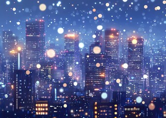 A cityscape with tall buildings lit up at night with snow falling