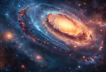 Fototapeta premium a vibrant spiral galaxy, bathed in warm golden hues at its core and surrounded by swirling arms of cool blue nebulosity, stands out against a backdrop of countless distant stars and cosmic dust.