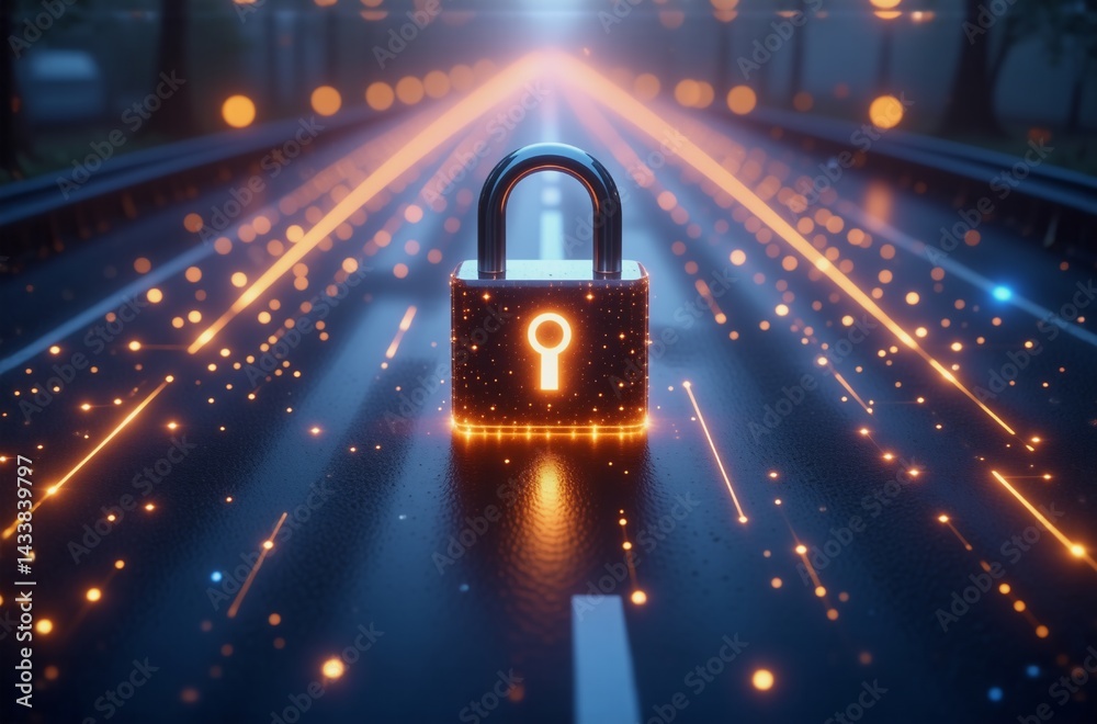 Aufkleber A glowing padlock sits on a digital highway, symbolizing data security and the journey toward protected information.  The path ahead is illuminated, suggesting a future of secure connectivity.
