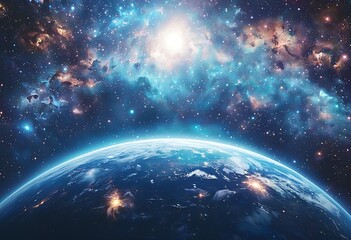 Obraz premium a vibrant view of earth curving into a dazzling, colorful nebula-filled cosmos with city lights illuminating the night side of the planet.