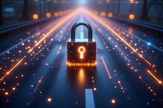 A glowing padlock sits on a digital highway, symbolizing data security and the journey toward protected information.  The path ahead is illuminated, suggesting a future of secure connectivity.