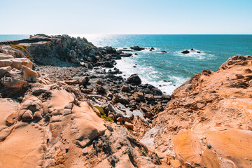 Coastal cliffs along California's Highway 1 in Northern California. Rugged ocean rocks, crashing...