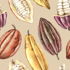 Set of whole cocoa beans of different ripeness and cut fruits with seeds. Watercolor seamless pattern on beige background, suitable for packaging design, botanical prints, product branding, textiles.
