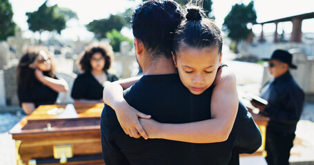 Girl, hug or father in graveyard for funeral, compassion or burial for death, support or crying...
