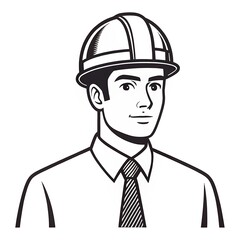 Black and White Illustration of a Male Engineer with Safety Helmet