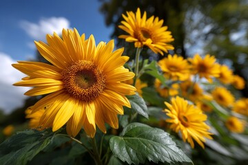 Obraz premium Bright Yellow Sunflowers in Bloom Under Clear Blue Sky in Lush Green Setting