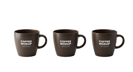 Obraz premium Three brown coffee mugs with mockup text arranged in a row on a black background studio shot