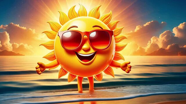 A smiling cartoon sun walks on the beach at sunset. Sunset concept