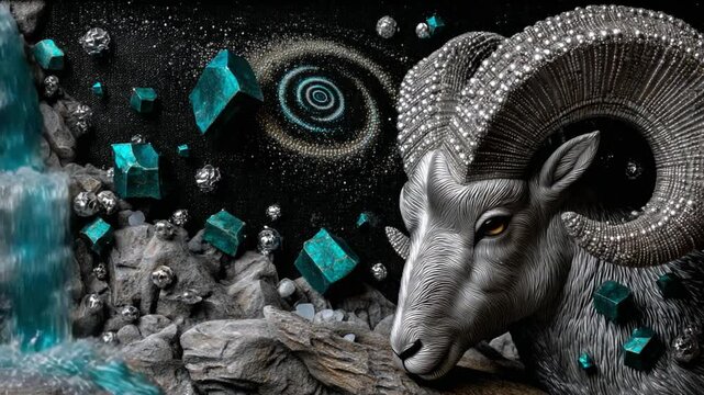 Artistic depiction of the Pisces zodiac sign is featured, showcasing intricate designs and elements that embody its creative and fluid nature in a cosmic setting