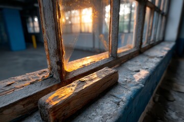 Obraz premium Sunlight Streaming Through Windowpane Highlighting Rustic Wood and Dust Particles in Industrial Space
