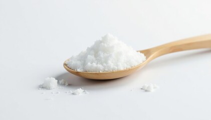 Spoonful of white sugar against white backdrop, granule, sugar crystals, fine