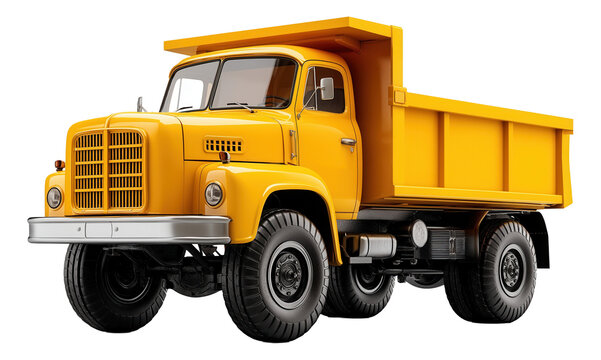 Yellow vintage dump truck with robust design and classic features.