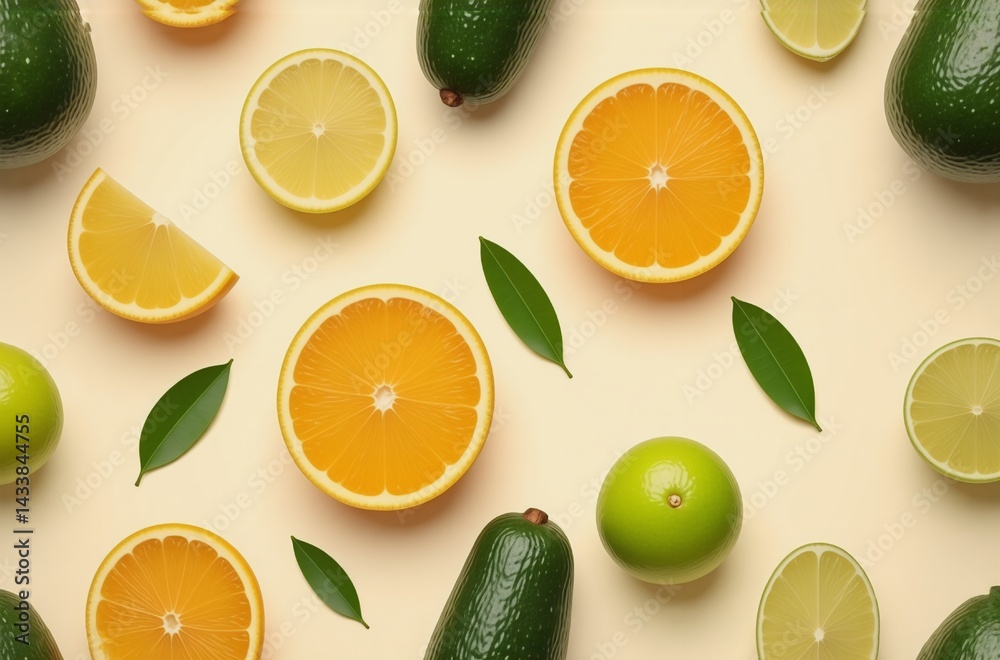 Poster vibrant citrus fruits and avocados arranged in a visually appealing pattern on a pale yellow backgro