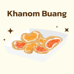 ขนมเบื้องFlat vector illustration of multiple Thai crispy pancakes served in a paper tray. Traditional Thai dessert with colorful sweet topping. Great for use in food packaging