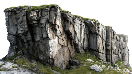 Fototapeta premium Large rocky cliff with cracks and patches of grass on the top on transparent background