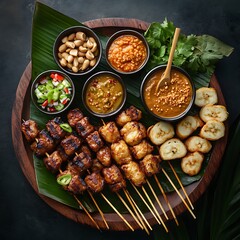 Grilled Satay Skewers with Banana, Peanut, and Chili Dips on Wooden Platter