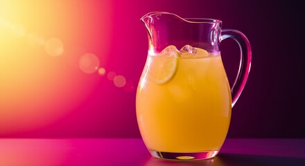 Pitcher of citrus drink with lemon slices and ice on a colorful background