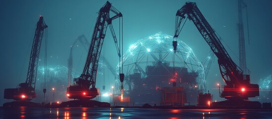 Futuristic cranes assembling a sphere.  Industrial scene