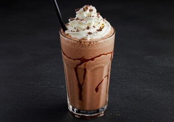 Chocolate milkshake with whipped cream and chocolate flakes