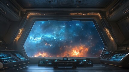 Obraz premium Futuristic Spaceship Interior with Nebula View