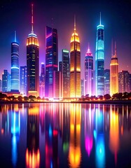 Vibrant Colorful Cityscape at Night with Glowing Towers and Water Reflections