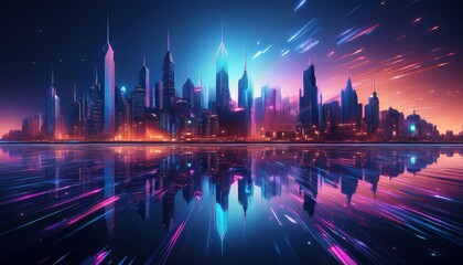 Obraz premium Vibrant Colorful Cityscape at Night with Glowing Towers and Water Reflections
