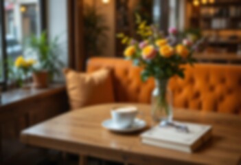 Blurred background of a restaurant or cafe. Beautiful bright restaurant table setting . Blurred Basic Bokeh Background for Design. Blurred flowers. Blurred coffe cup