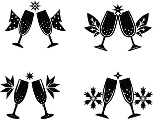 Holiday Celebration Icon – Champagne Glasses and Snowflake, Black Silhouette Champagne Glasses, Festive Clinking Glasses – Christmas and New Year Vector, Champagne Toast Silhouette.