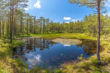 Obraz premium Serene bog landscape with tranquil waters reflecting the sky and surrounding pine trees