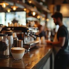 Cozy coffee shop scene with barista at work.