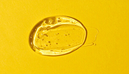 Transparent hyaluronic acid, gel or serum smear texture on yellow backdrop. Moisturizing, skin care